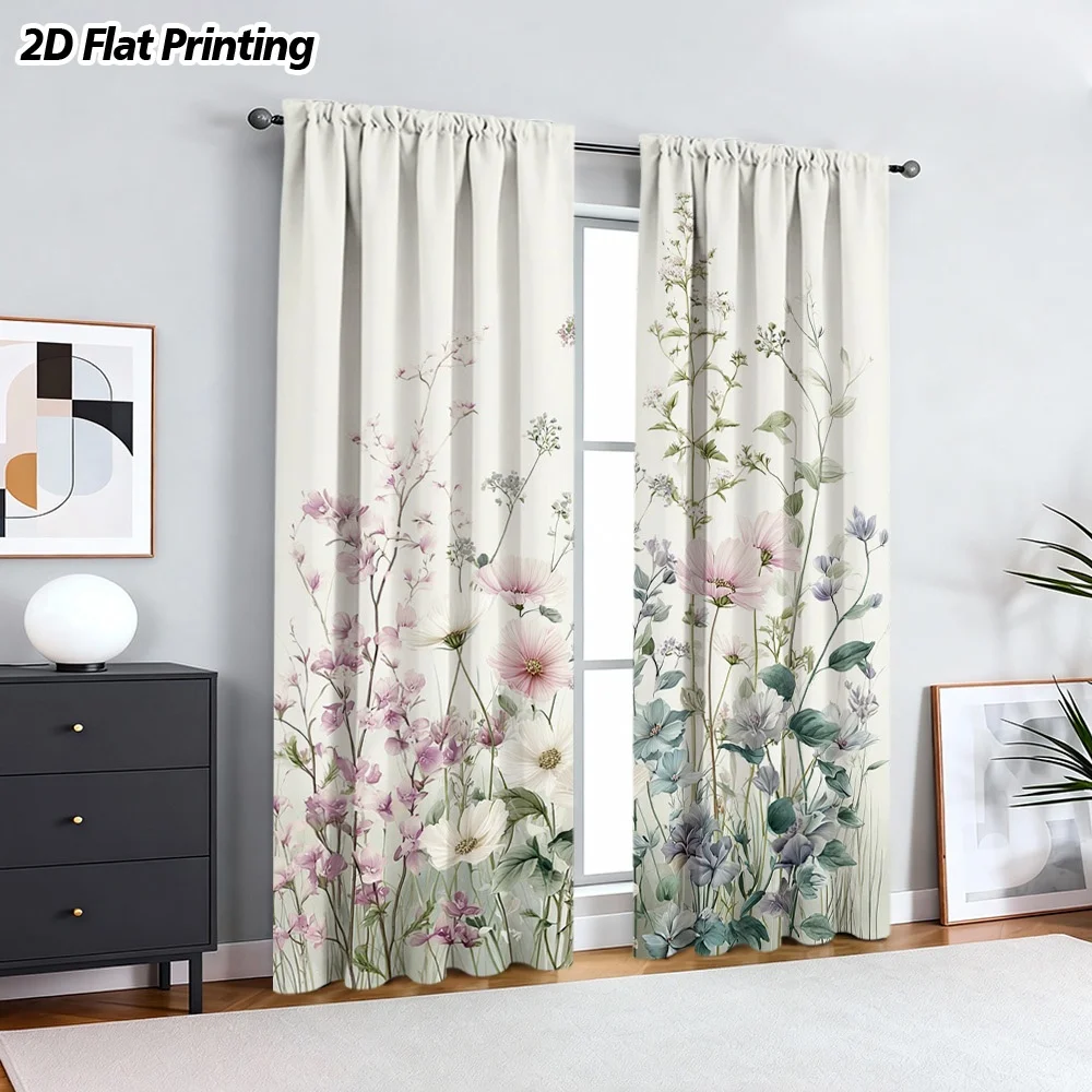 Elegant Botanical Floral Mural Curtain Panel, Watercolor Print Drapes for Living Room and Bedroom Windows