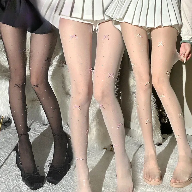 Cute Bowknot Rhinestone Pantyhose Women Fashion Sexy Shiny Flesh Light White Tights Lolita Y2K Girl Thin Elastic Nylon Stockings