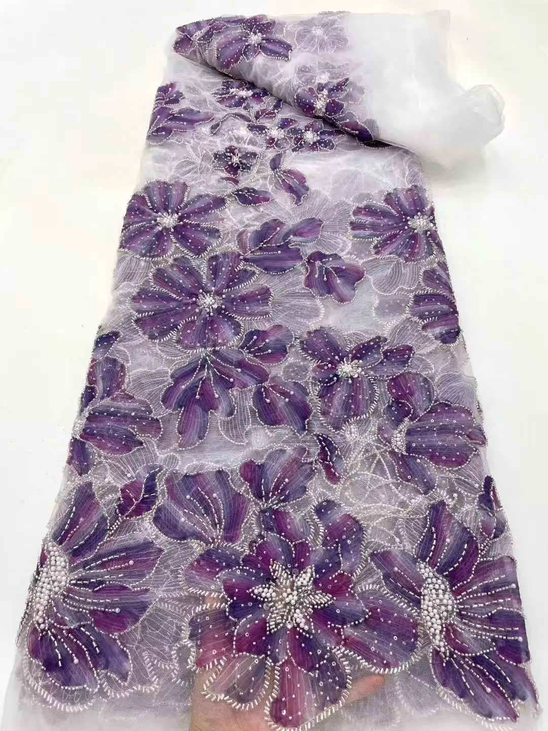 

2025 High Quality African Beaded 5Yards Nigerian Tulle Lace Fabric Sequins Embroidery French Guipure Wedding Party Dress Sewing