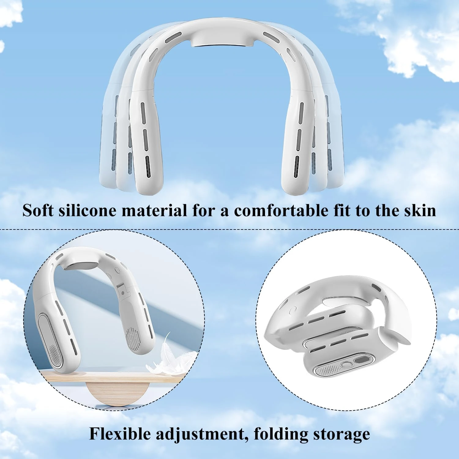 Compact and Powerful White Portable Bladeless Neck Fan with 3 Speed Wind for Personal Use, Foldable Hand-Free Travel Fan for Coo