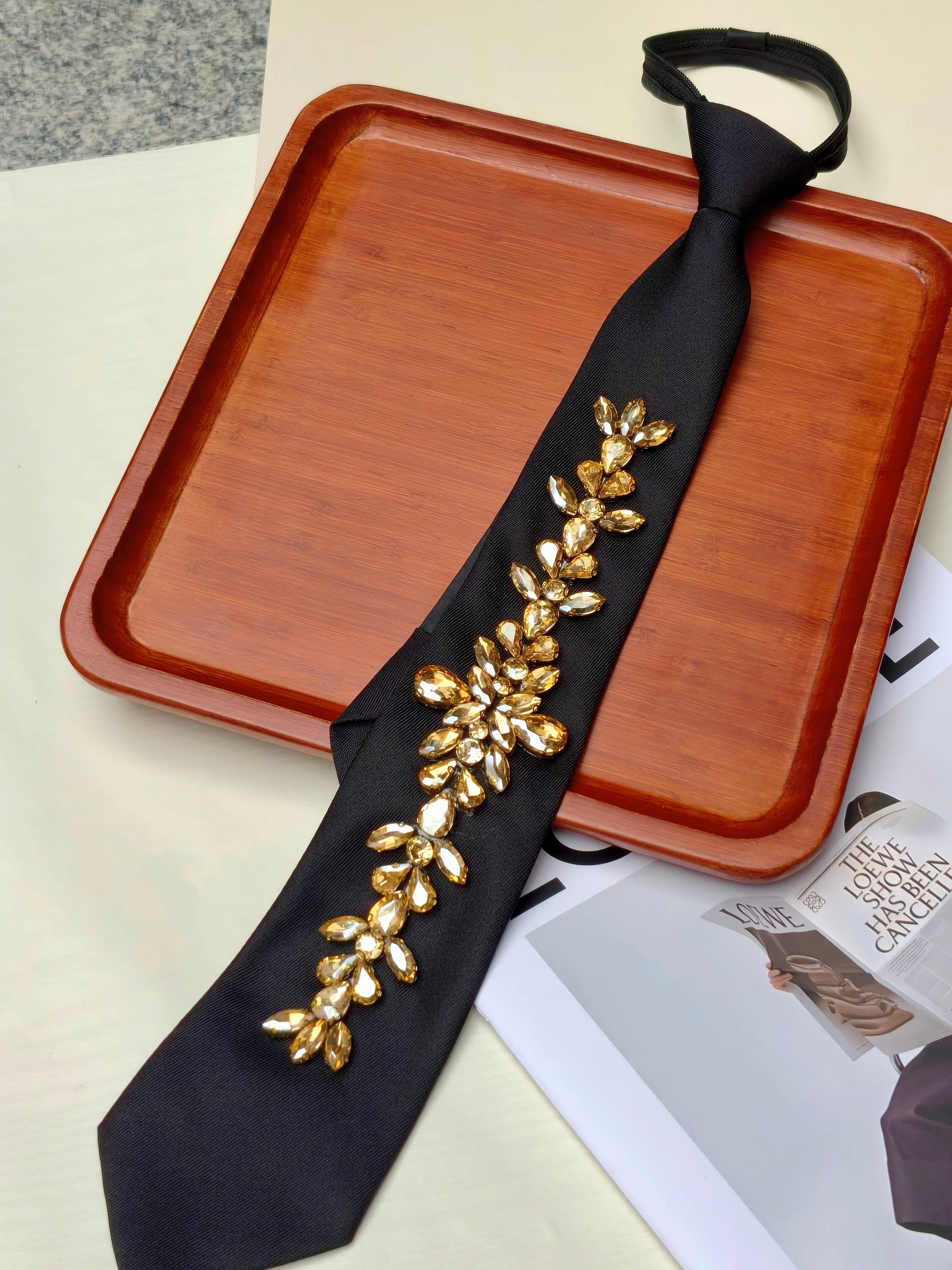 Champagne Gold Rhinestone Floral Tie-Free Necktie, Black Luxury Evening Accessory, Lazy Zipper Style
