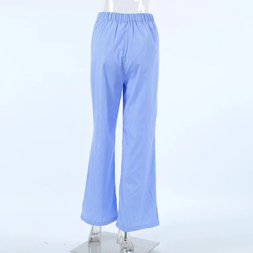 Pantalon rayé à boutons bleus pour femmes, pantalon à jambes larges, taille élastique, Street At Long Fjj, décontracté, mode féminine, été, 2024