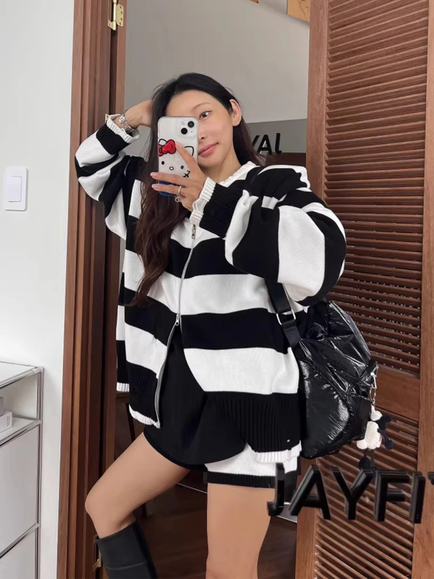 أنيقة الخريف عالية الخصر التباين اللون شريط تريكو المرأة مزدوجة سستة ثقب تصميم Faion مجموعة مع السراويل ort #3