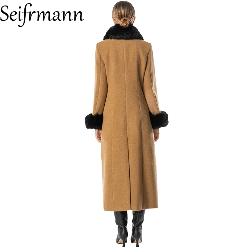 Seifrmann 2026 Spring Women's New Fashionable and Elegant Woolen Collar Long Sleeve Double breasted Coat