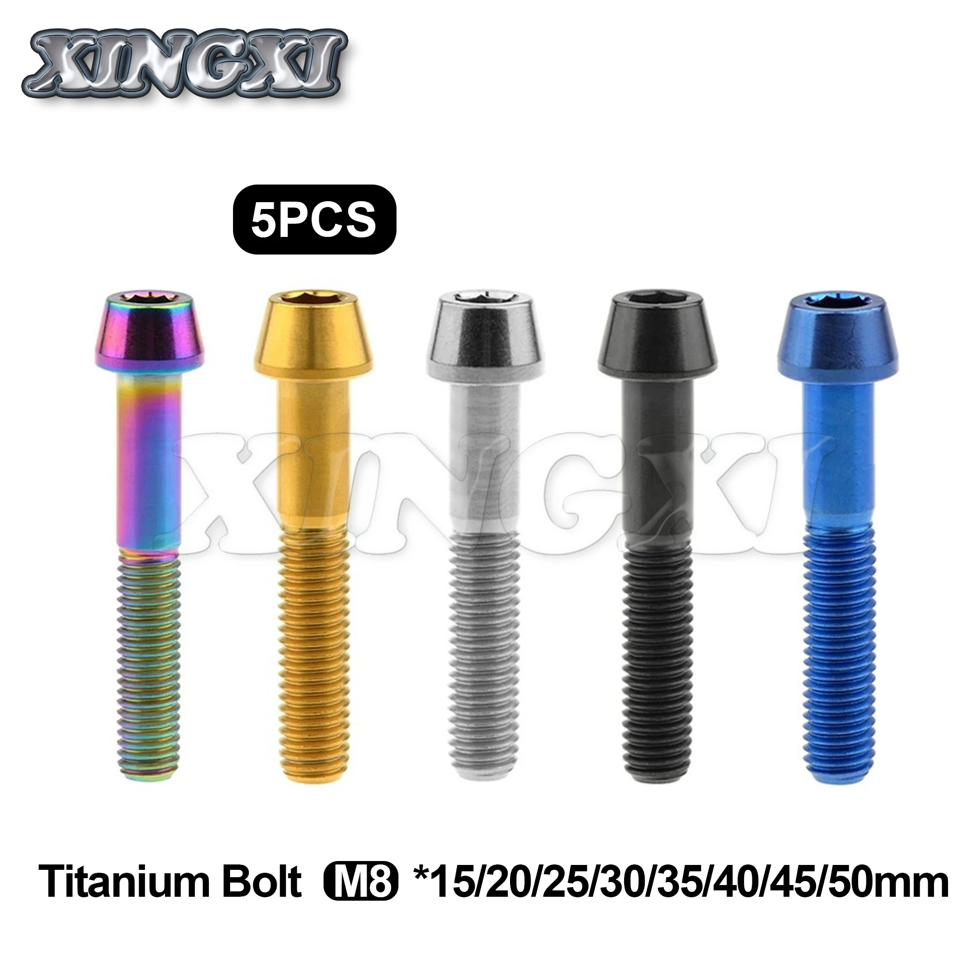 Xingxi 5Pcs Titanium Bolts M8 x 15 20 25 30 35 40 45 50mm Taper Head Screw for Bicycle Motorcycle Car Grade 5 Titanium Ti Bolts