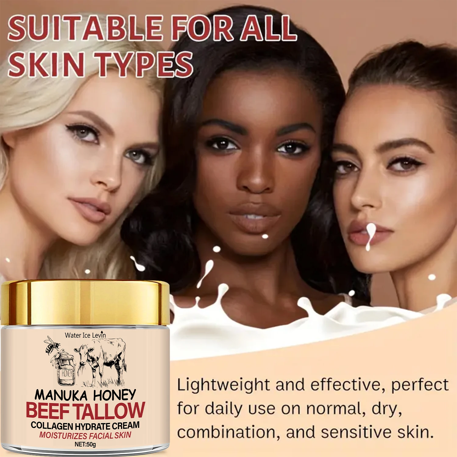 Manuka Honey & Beef Tallow Collagen Cream: Bee Venom-Infused, Moisturizes Facial Skin for Softer Glow