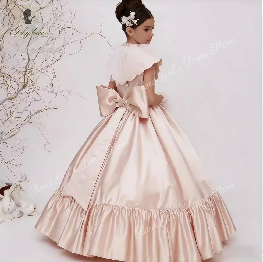 Classic High Neck Pleat Short Sleeve A Line Long Ball Wedding Party Flower Girl Dress First Communion Gown