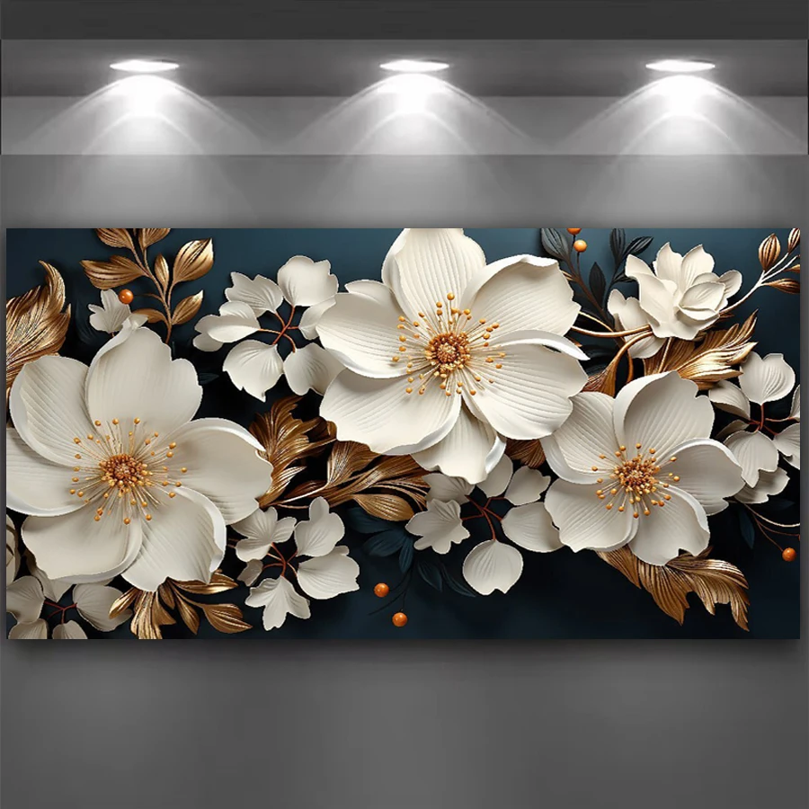 

White Flowers Golden Leaves Picture Size Diy Diamond Art For Adults Painting Full Mosaic Embroidery Kits Jewelry Cross Stitch
