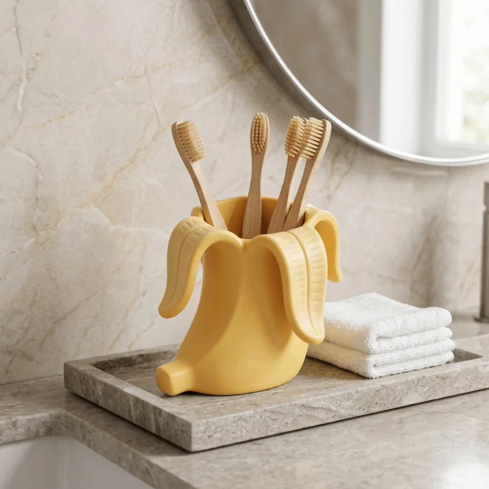 Plastic Banana-Shaped Pencil Holder Curved Arc Design Creative Desktop Organizer Multifunctional Funny Makeup Brush Storage Tool