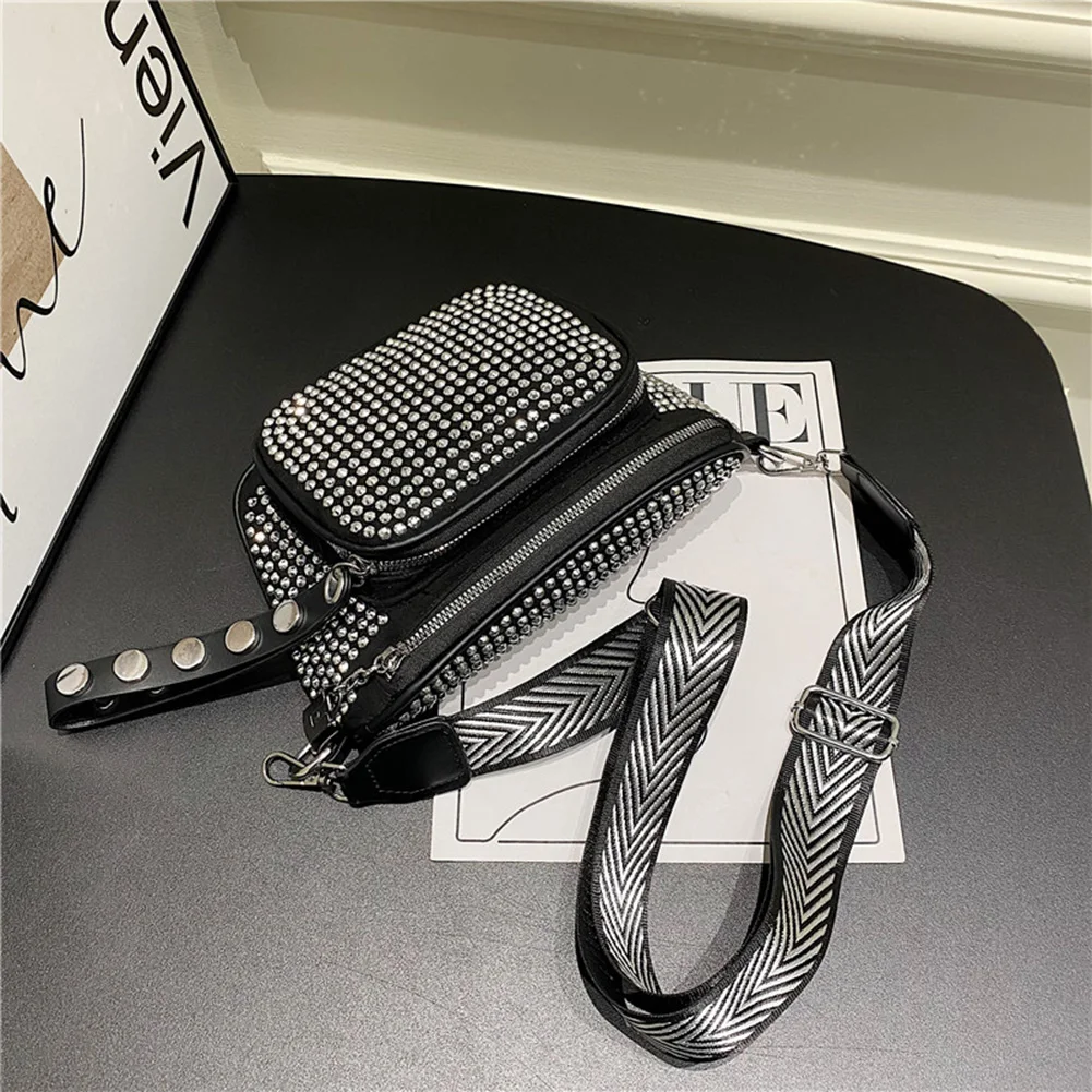 Fashion Sling Waist Pack PU Leather Women Hip Bum Bag Rhinestone Diamond Crossbody Handbag Zipper Wide Strap Saddle Purse