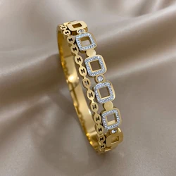 Greatera Trendy Stainless Steel Square Crystal Bangles Bracelets for Women Gold Plated Geometric Charm Bracelet Party Jewelry