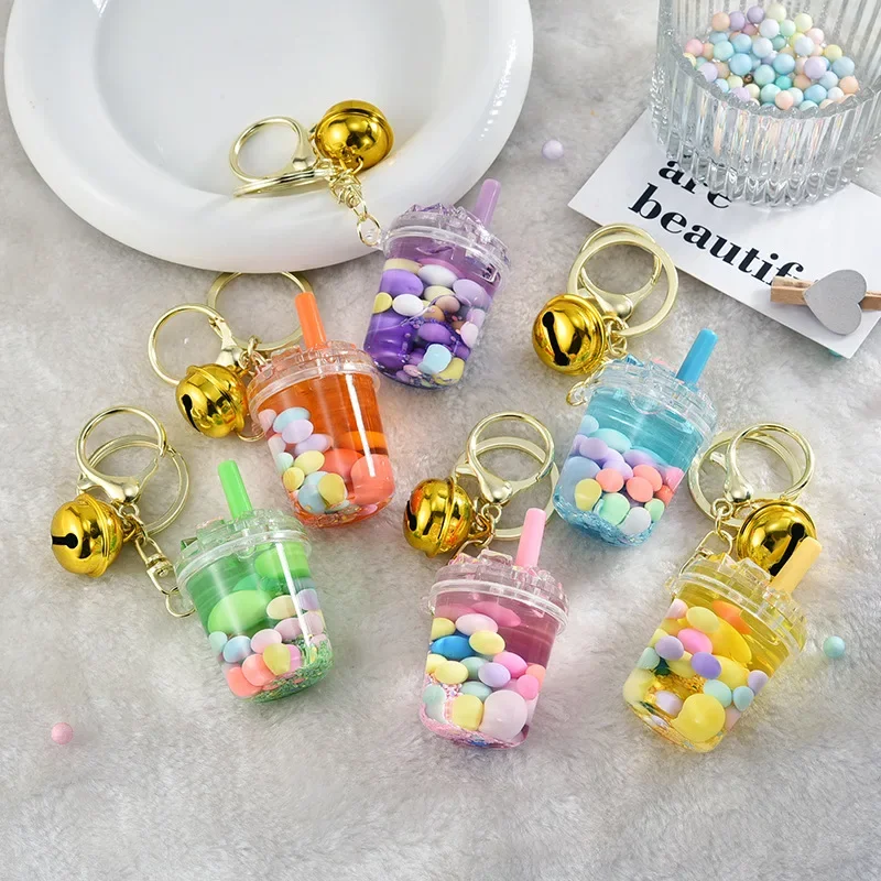 Cartoon Into Oild Bubble Milk Tea Floating Liquid Keychain For Girl Bag Pendant Cute Mug Drink Bottle Keyring Key Charm x288