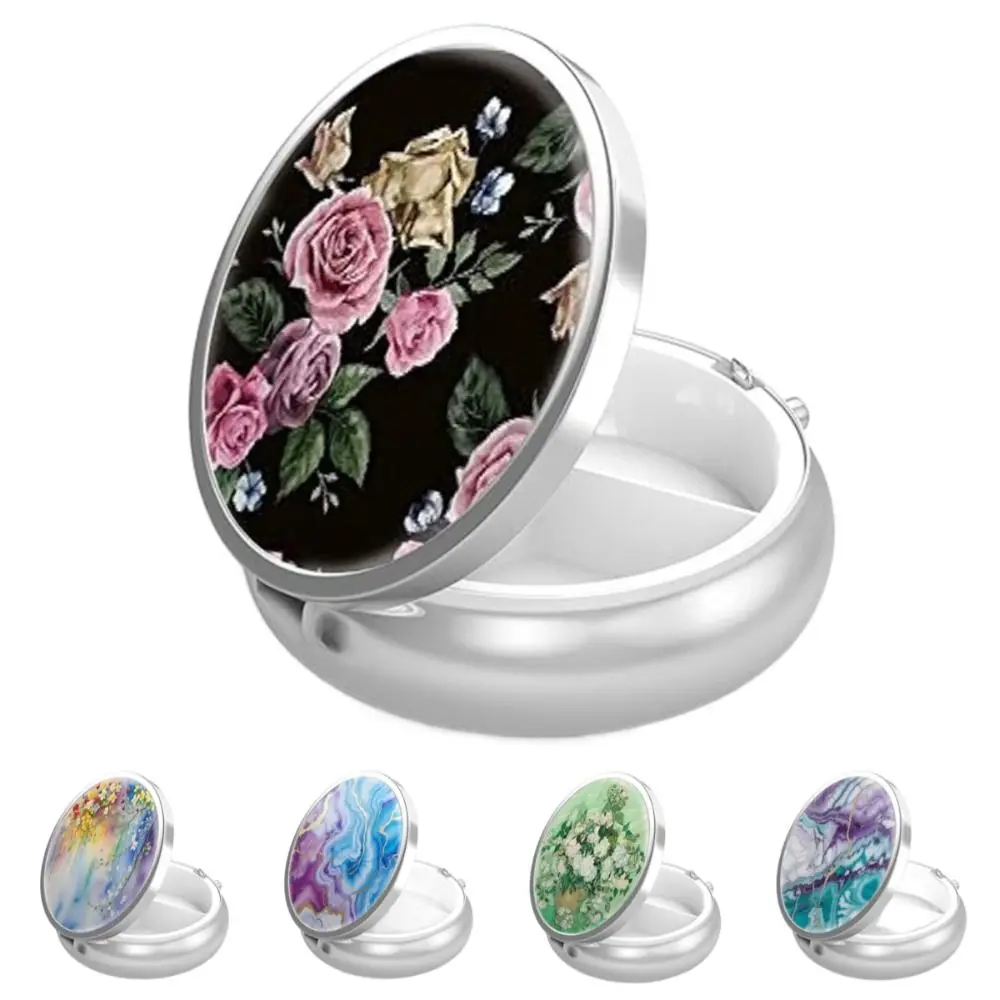 Metal Pill Capsule Box Circular 3 Grids Medicine Cases for Travel Floral Print with Mirror Pill Products Organizer Makeup