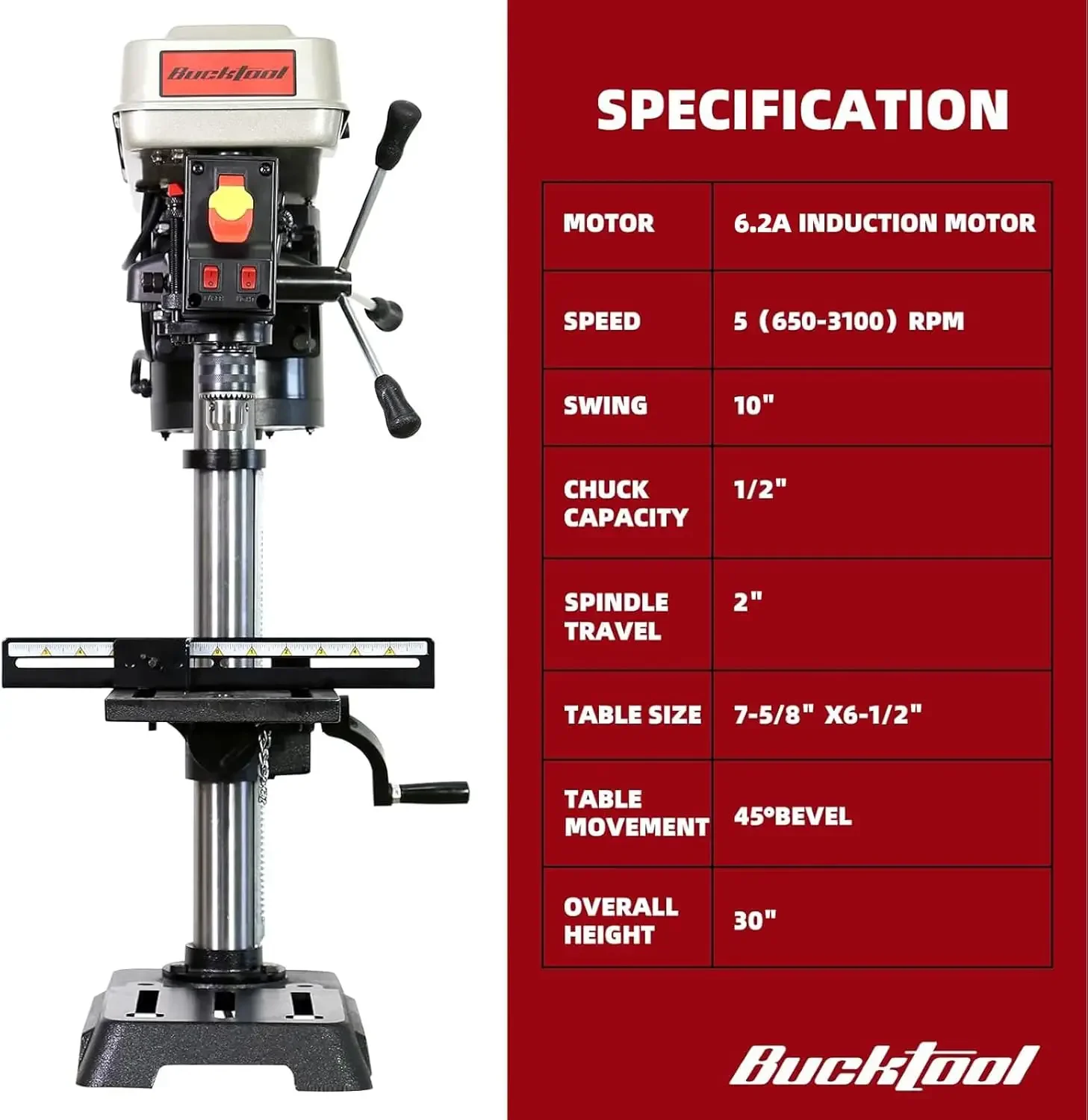 10-Inch Drill Press 6.2 Amp 3/4 HP Bench Drill Press 5-Speed Benchtop Drilling Machine with LED Work Light