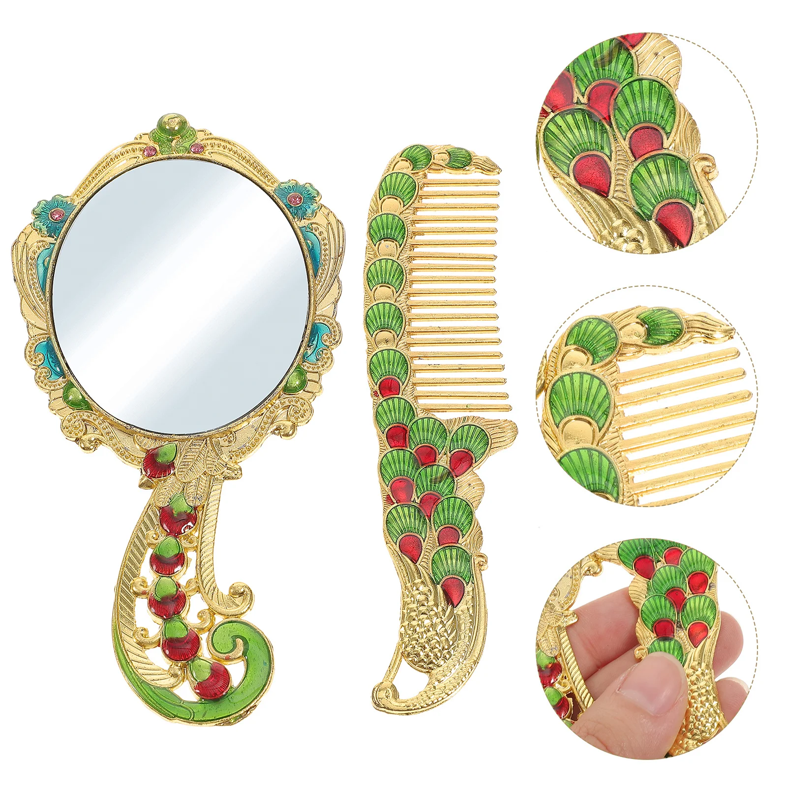 

2Pcs Metal Handle Makeup Mirror Vintage Style Handheld Mirror Set for Travel Portable Hairdressing Comb Compact Beauty