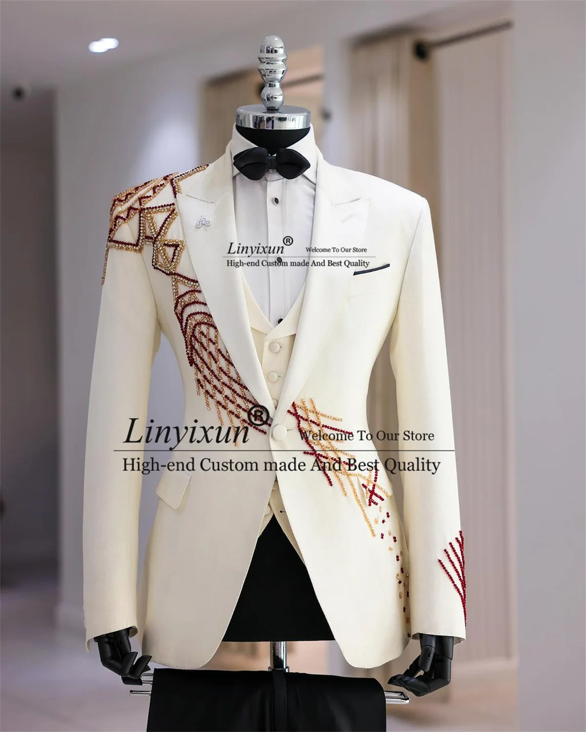 Sparkly Beaded Men Suits Notched Lapel Male Prom Blazers 3 Pieces Sets Groom Wedding Tuxedos Ropa Hombre Slim Fit Costume Homme