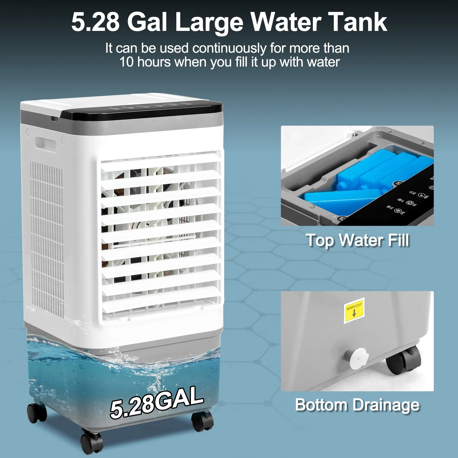 

3 in 1 Portable Evaporative Cooler,Indoor/Outdoor,Air Cooler with remote control,Copper motor,5.28 Gal Water Tank&Scroll Casters