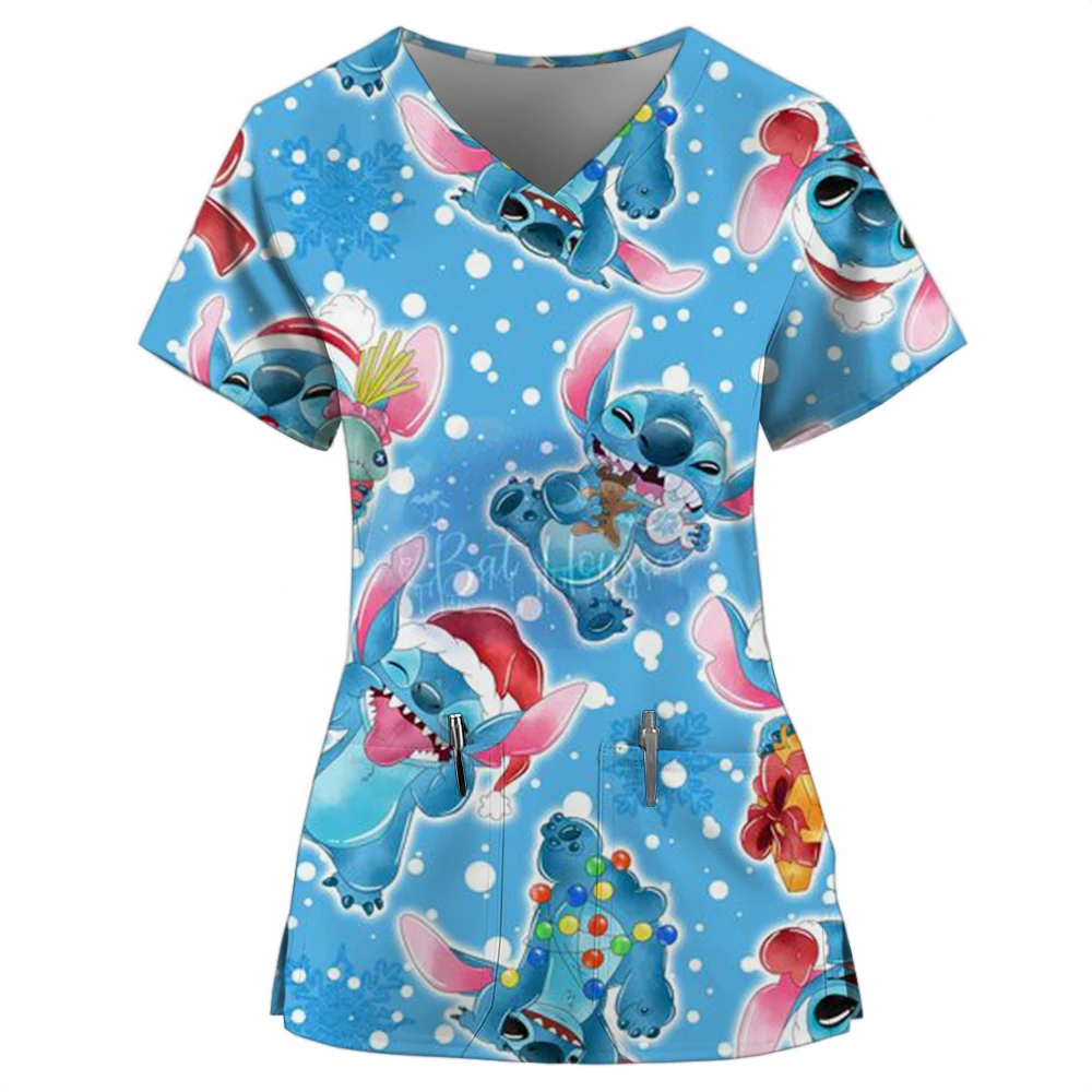 Disney Stitch Print Hospital Nursing Surgery Scrubs Tops Women Merry Christmas Dental Clinic Work Uniforms Blouse Doctor Clothes