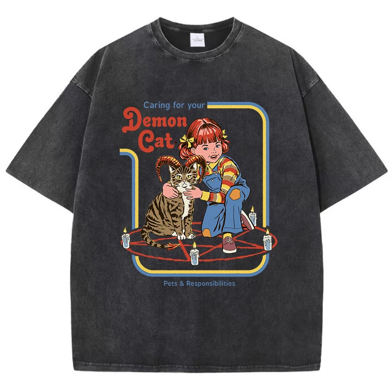 

Caring For Your Demon Cat Printing Wash Tshirts Women Street Hip Hop Clothes Cotton Breathable Short Sleeve Summer Soft T-Shirt