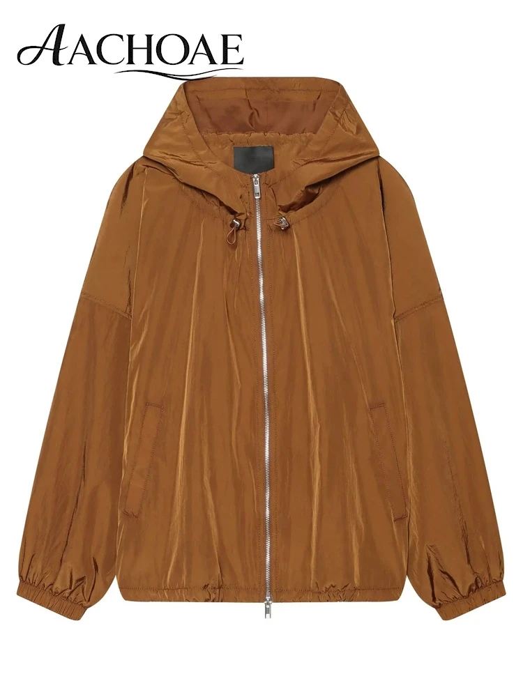 AACHOAE Women Hooded Windbreaker Jacket Lightweight Zip Up Long Sleeve Loose Short Coat Casual Outdoor Fashion Outerwear