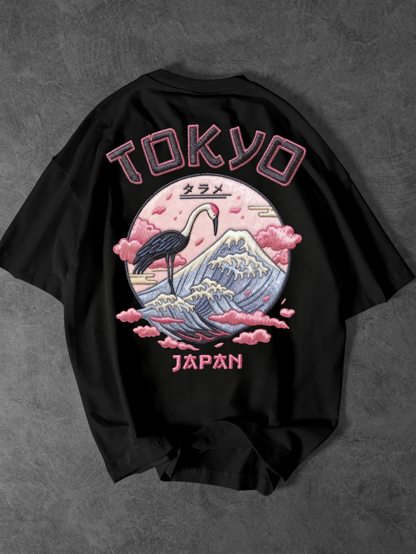 Tokyo Japan Crane Mount Fuji Print Oversized T Shirt Men's Streetwear Vintage Tee S-2XL