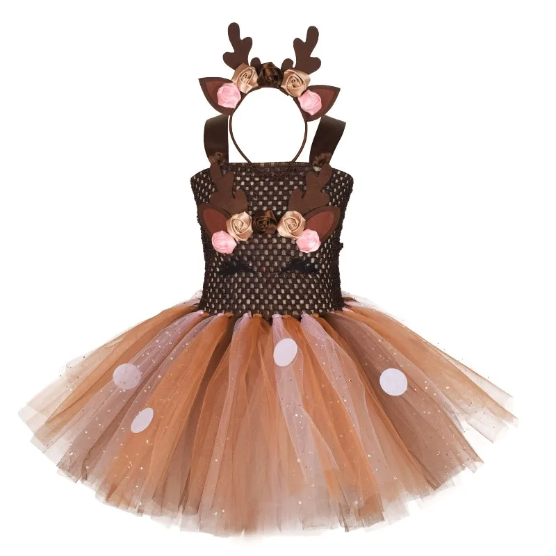 Kids Christmas Tulle Puffy Dress, Elk Pattern Tutu Gown, Girls Formal Clothing For Christmas Party Halloween Stage Performance