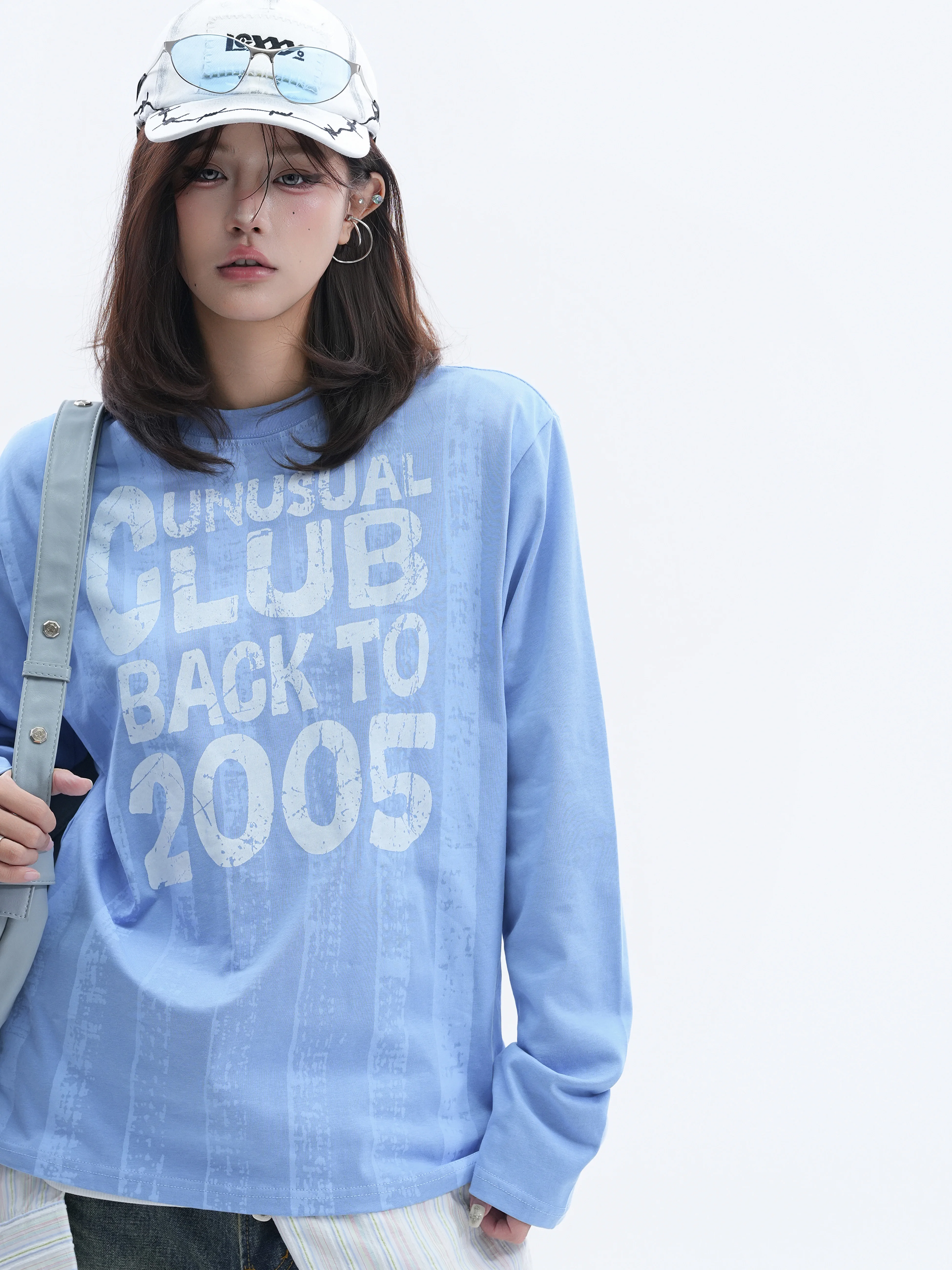 Retro American Loose Fit Long Sleeve T-Shirt Women's Crumpled Lettering Vertical Stripe Texture Small Ball Ball Top