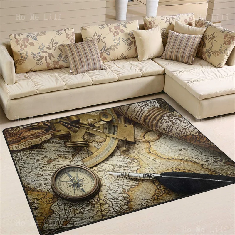 Vintage Steampunk Clock Gear Retro Compass Old World Map Artwork Flannel Floor Rugs For Living Room Bedroom Decorative Home