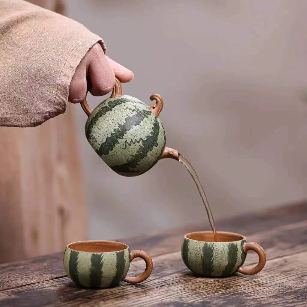 Yixing Jasaho Zisha Clay Teapot Pure Handmade Bionic Device Segment Mud Watermelon Pot Egg-Shell Porcelain Tea Set Purple
