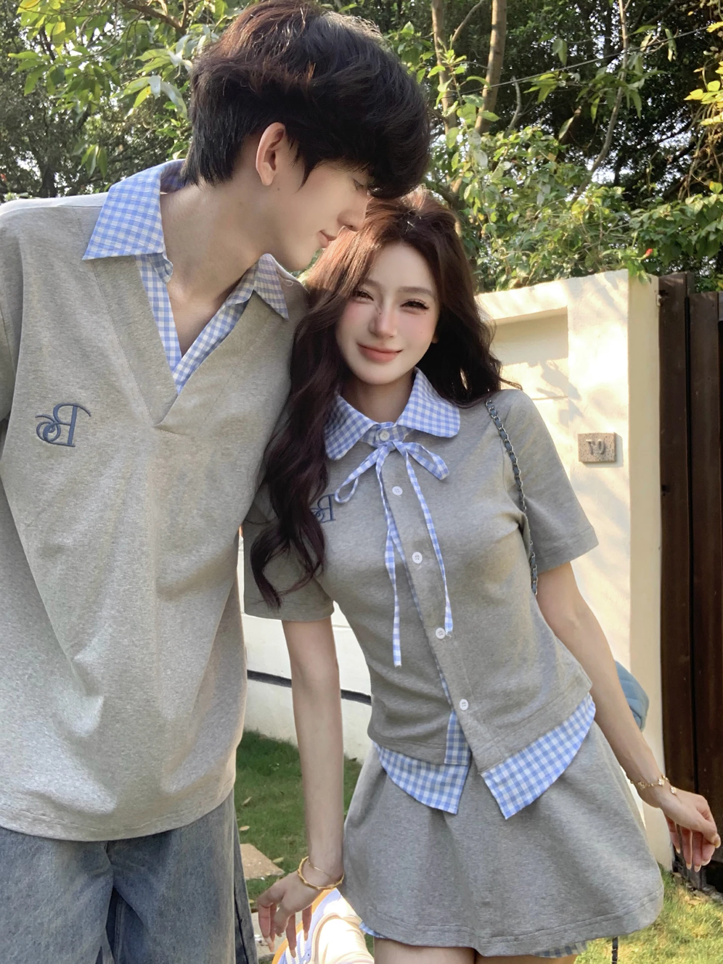 Korean College Style Couple Clothes Summer Fake Two-Piece  Neck Short Sleeve T-Shirt Casual Short Skirt Set One Top One S...
