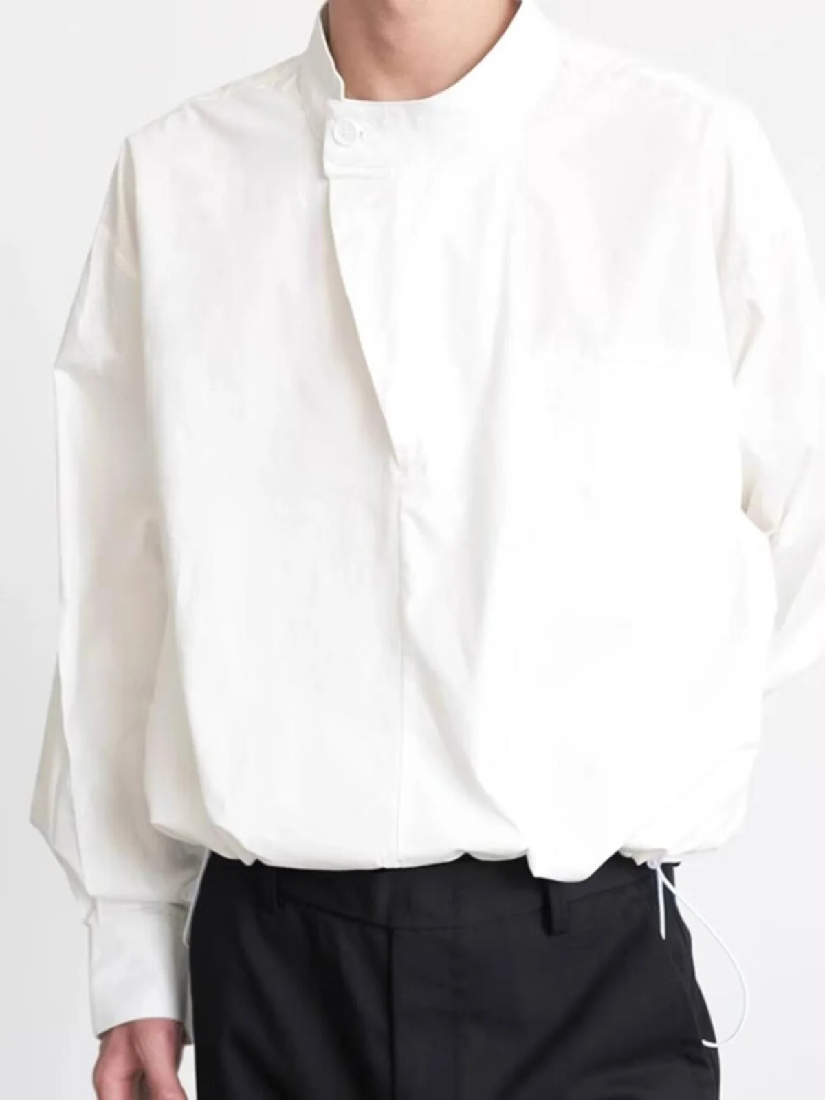 

Drawstring Waist Loose Long Sleeve Hoodie Stand Collar White Shirt Men's Design Trendy Cold Tone Overhead Shirt