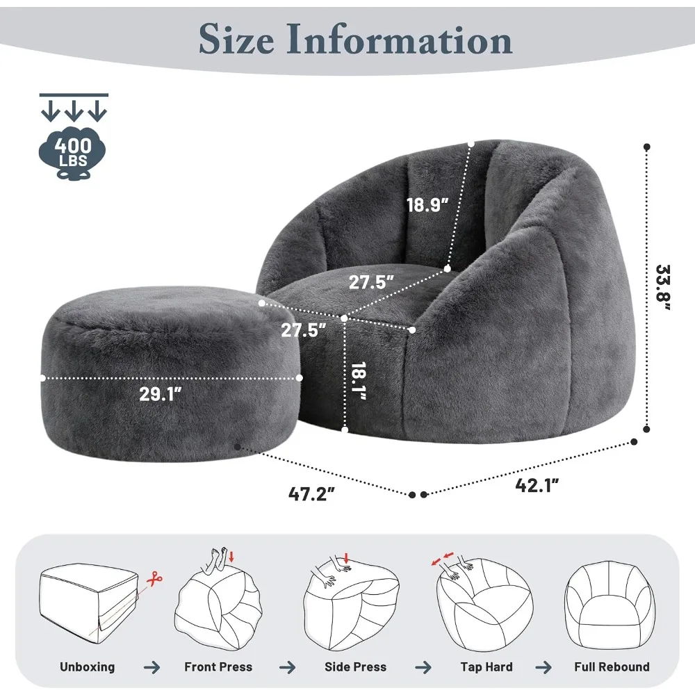 Oversized Bean Bag Chair with Footstool for Adults, Faux Fur Round Floor Lounger, Grey