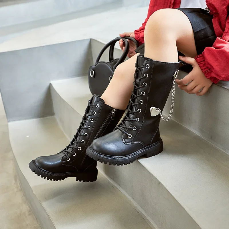 Girls\' Shoes Winter 2024 New Fashion Metal Chain British Style Children\'s Leather Boots Kids Anti-slip Princess Mid Calf Boots