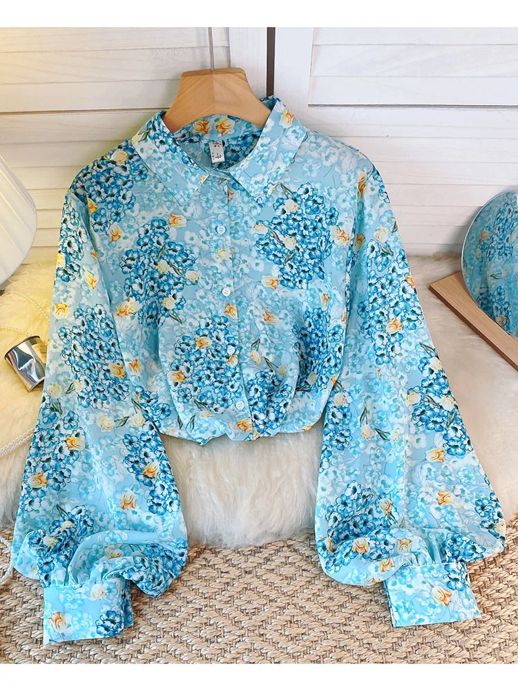 Women Sprin Autumn Shirt Polo Neck Long Sleeve Single Breasted Printed Chiffon Shirt Thin Western Versatile Slim Top D5499