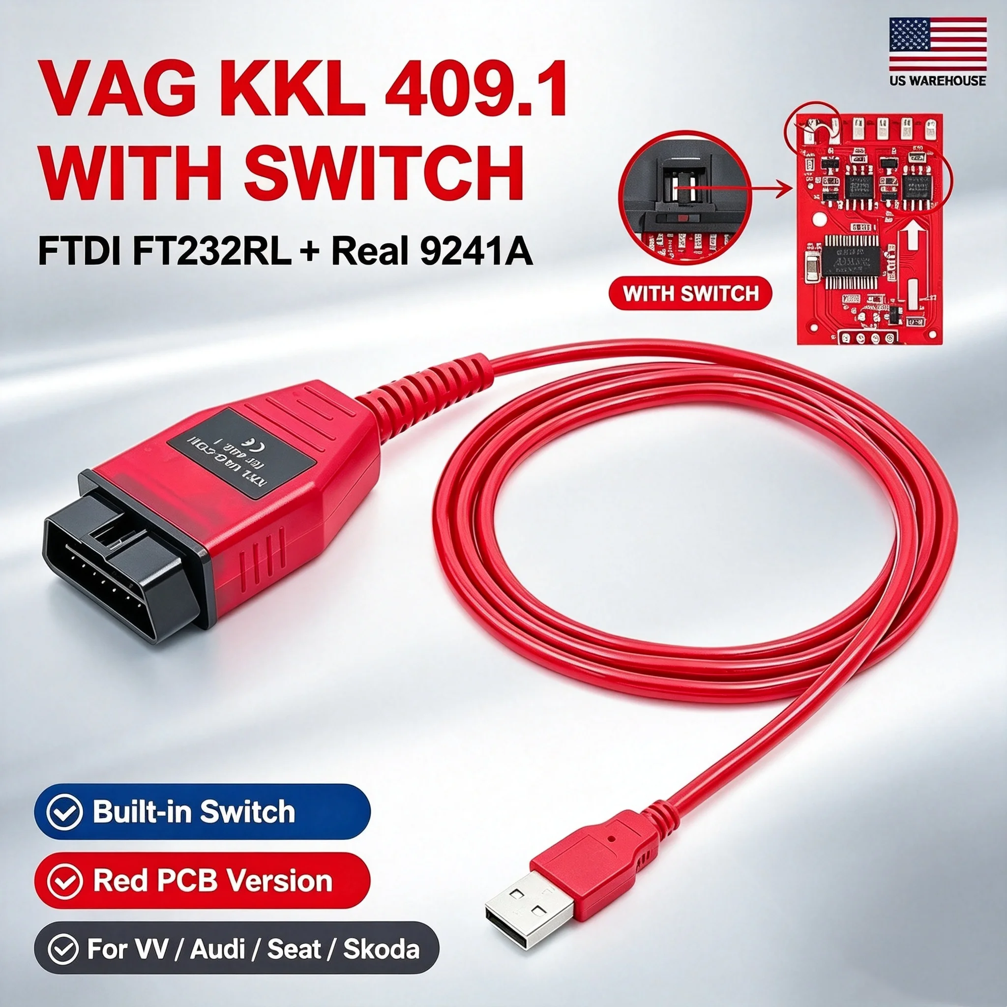 VAG KKL 409.1 USB OBD2 Diagnostic Cable With Switch, FT232RL Real 9241A Red PCB Car ECU Scanner Code Reader for Volkswagen Audi Seat Skoda, US Warehouse