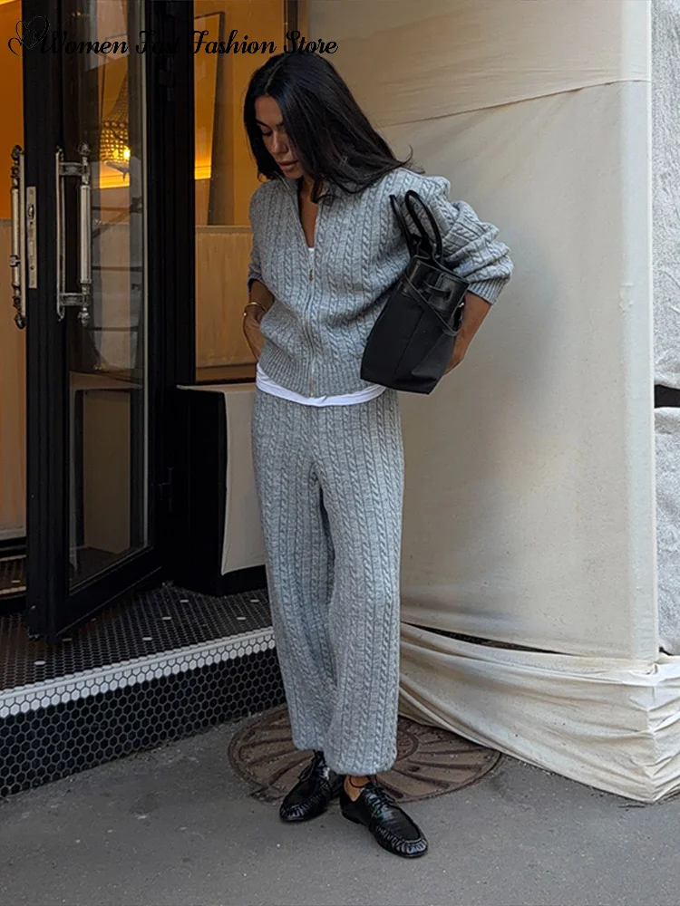 Casual Zipper Knit Cardigan Pants Set 2026 Autumn Winter Solid Stand Collar Sweater Elastic Waist Trousers Women's Daily Outfits