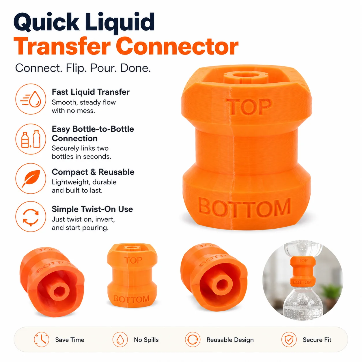 Reusable Bottle-to-Bottle Liquid Transfer Connector, Quick Easy Pouring Funnel Adapter for Detergent, Cleaning Liquids