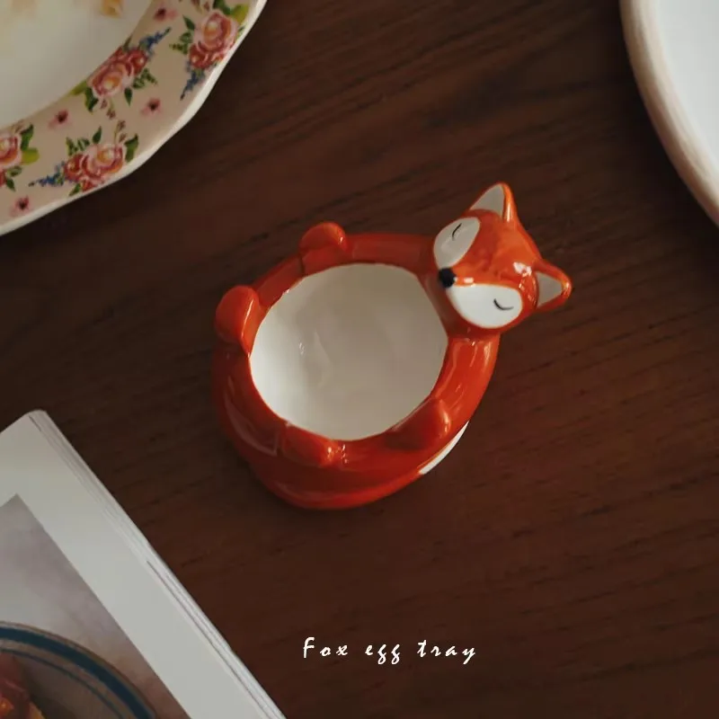 Illustrated Cute Little Creature Hand-painted Cartoon Fox Ceramic Egg Tray Breakfast Egg Holder Good Gift