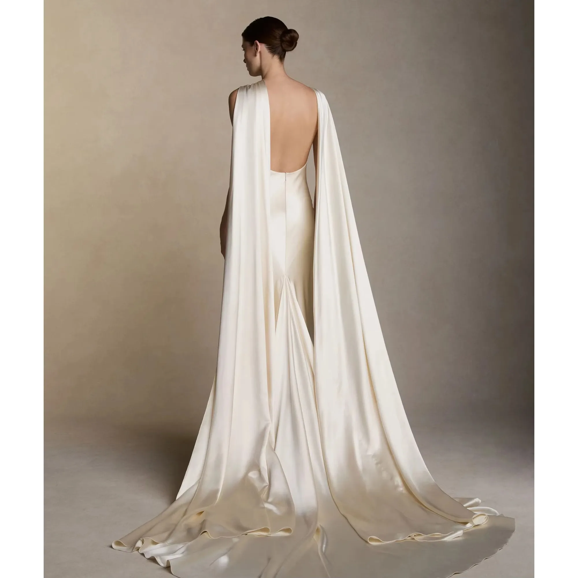 LOVE Women Satin Mermaid Wedding Dress Long Train Formal  Bridal Gown Deep V Back Draped Shawl Design Wedding Party Dresses