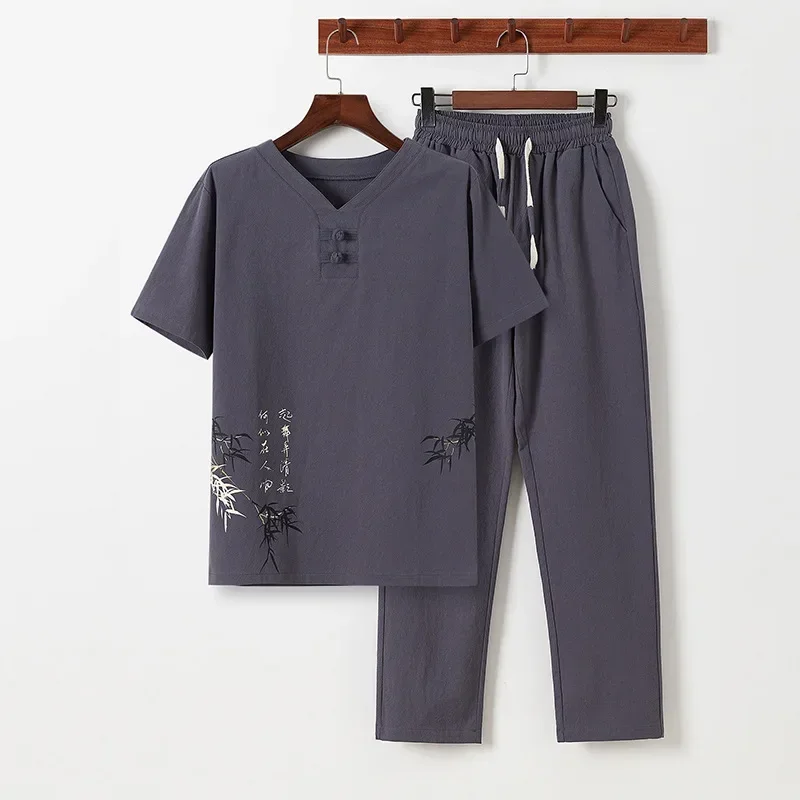 Linen Zen Tea Tee Tops Pants Kung Fu Uniform Oriental Fashion Casual Loose T-shirt Chinese Retro Style Tang Suit Men Trousers