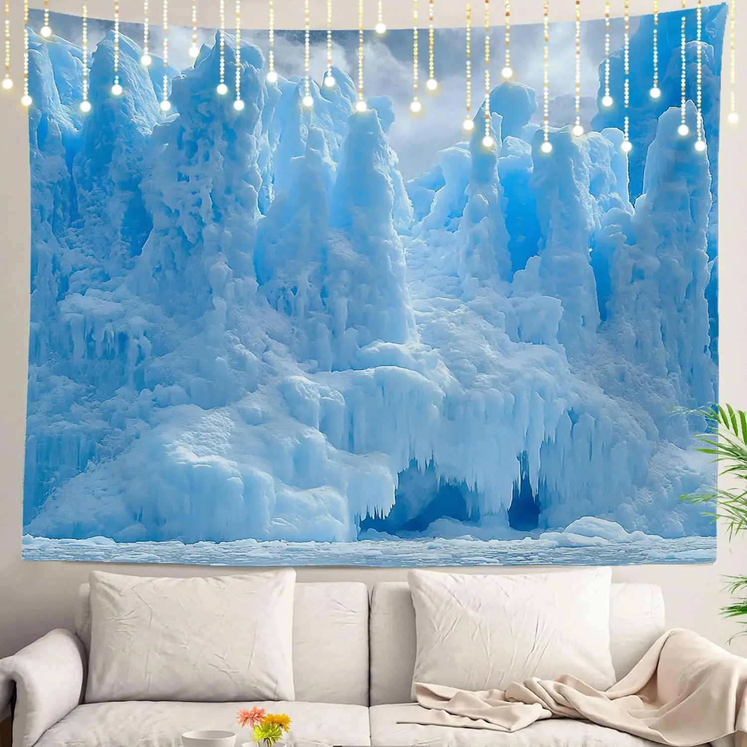 Luxury Blue Ice Waterfall Tapestry Wall Hanging Mural Decor Fantasy Frozen Glacier Cave Art Room Decoration Home Decor Lights