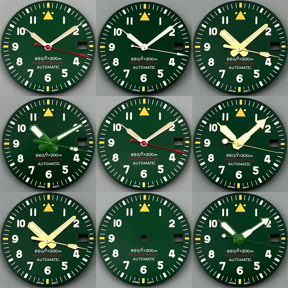 New 2025 29mm Green Pilot Style Watch Dial and Hand Sets C3 Green Luminous Fit NH35 NH36 Movement Watch Parts for Mod