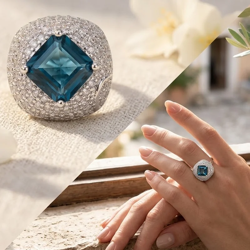 16x16mm SheCrown Color Changing Alexandrite Topaz Zultanite London Blue Topaz CZ Silver Rings Many Sizes