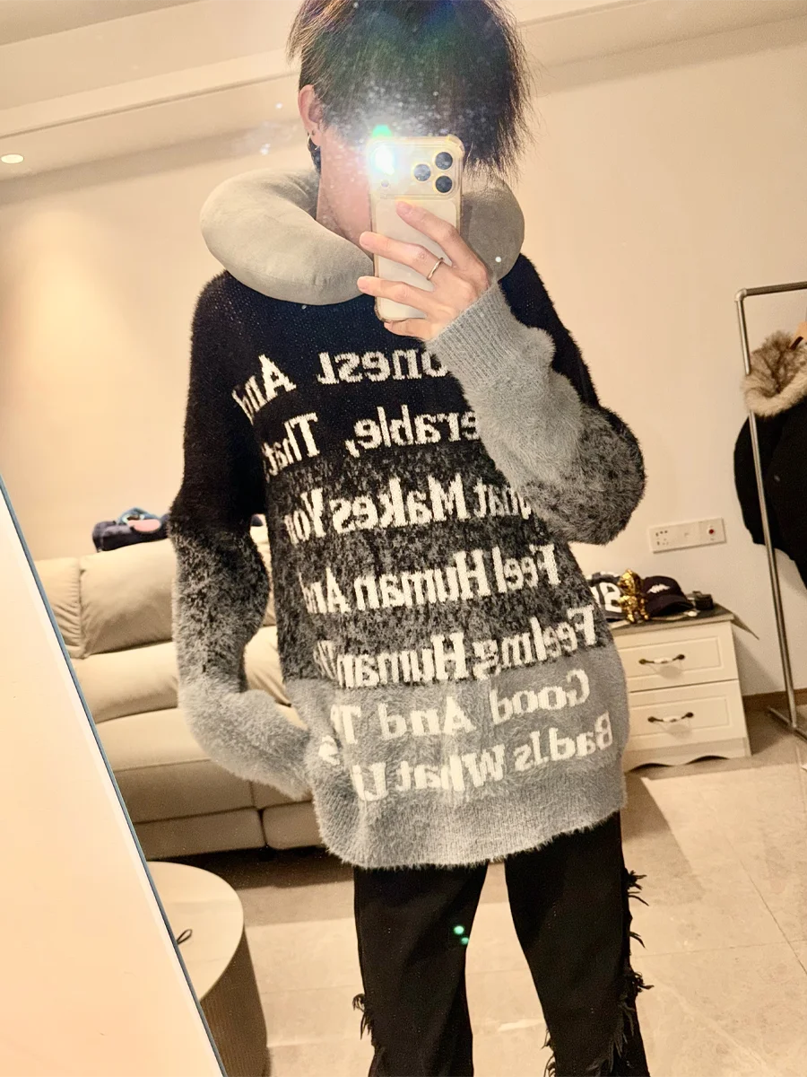 

High Quali Men's Knitted Sweater round Ne Loose Fit adient Color Mink Velvet Jaet Casual Comfortable Long Sve Top