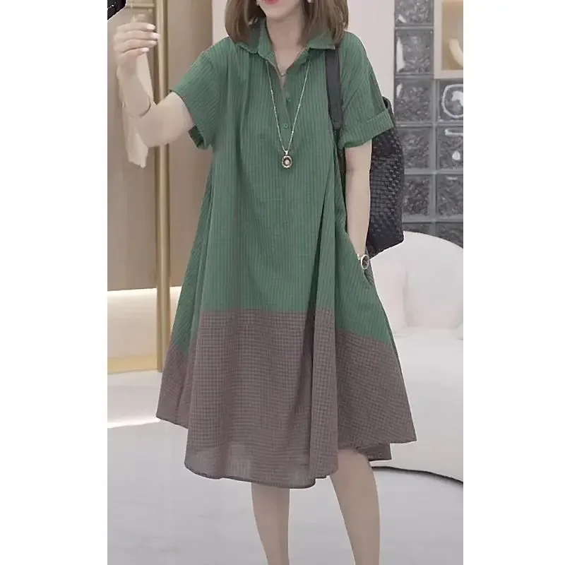 Women's Clothing Contrast Color Patchwork Elegant Shirts Dresses Summer Trendy Short Sleeve Casual Oversized Midi Dress Vestidos