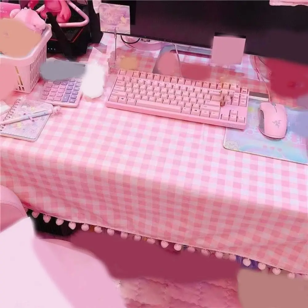 Ins Kawaii Girls Hot Pink Tablecloth Rectangular Cotton Wallpaper Mat Plaid Desk Cloth Room Decoration