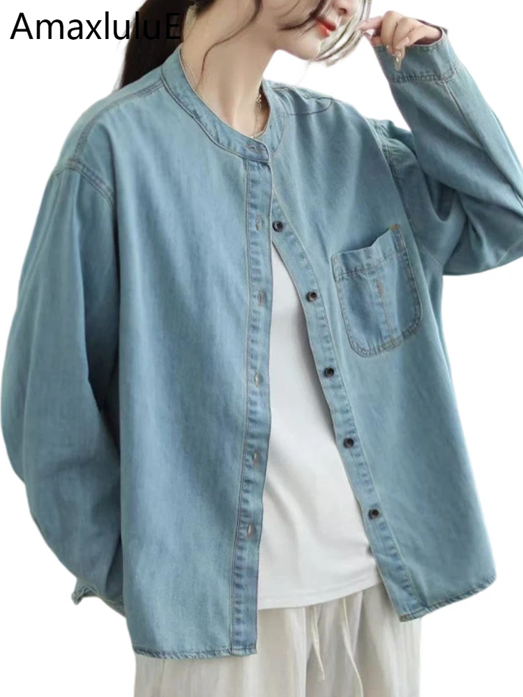 

Amax LuluE 2025 Japanese Fashion Tops Womens Loose Vintage Casual Denim Shirts Ladies Fitness Luxury Punk Elegant Cotton Blouses