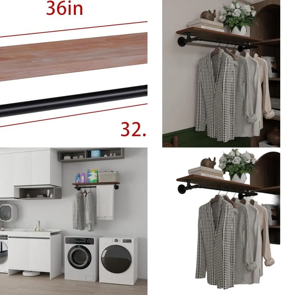 

36 Wall-Mounted Wood Shelf Clothes Rack - Heavy Duty, Multi-Purpose Hanging Storage for Space-Efficient Closets