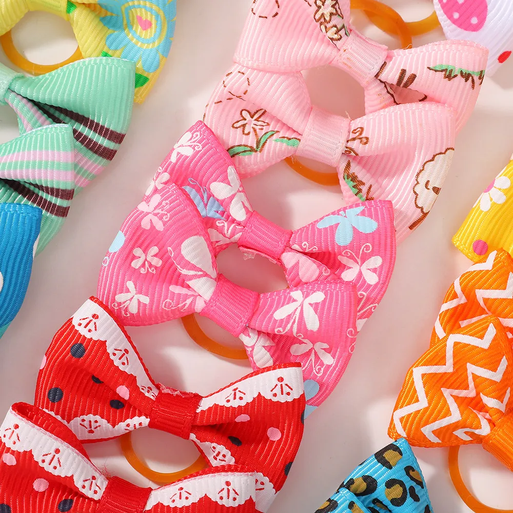 50 pezzi Fasce per capelli di colore casuale Piccola stampa Bowknot Ragazze Copricapo per bambini Bambini Copricapo elastico Corda per capelli Accessori per capelli