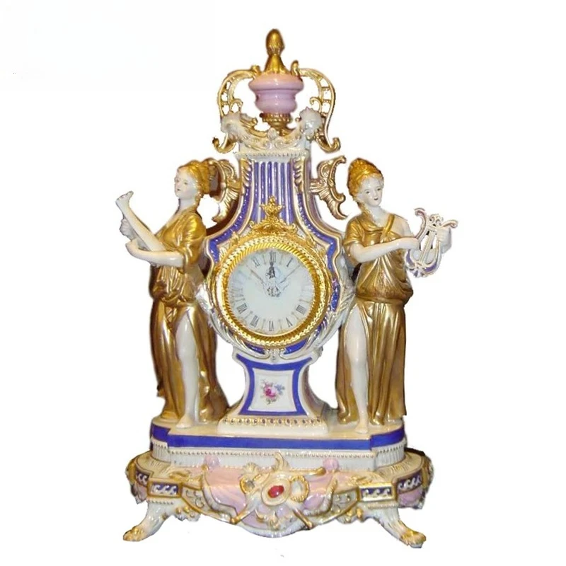 Collection Baroque Style Noble Blue and Gold Porcelain Fairies Playing Lyre Figurine Table Clock